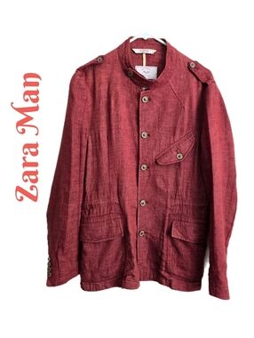 Zara Man Denim Couture Jacket Sz L 100% Linen Inside Waist Tie Breathable
